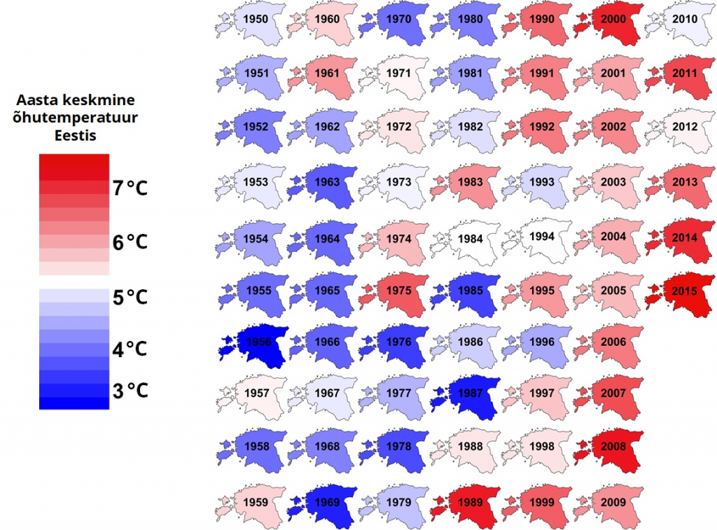 JOONIS 1. Aasta keskmine õhutemperatuur Tõraveres 1950–2015. Eesti kliima on viimase 50 aasta jooksul soojenenud keskmiselt 0,03 kraadi võrra aastas