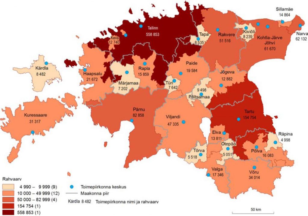 JOONIS 1. Eesti tööjõuareaalid (funktsionaalsed linnaregioonid) (a) ja üle 5000 elanikuga toimepiirkonnad (b) 31.12.2011