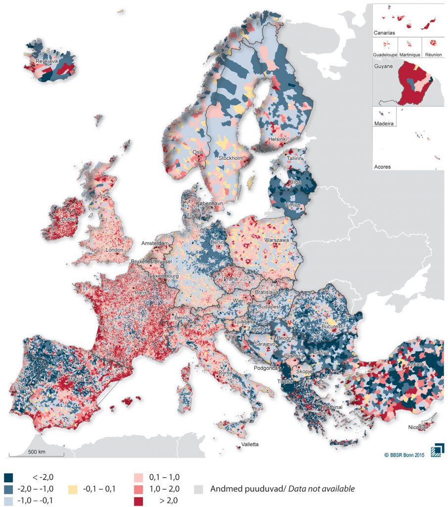 JOONIS 4. Rahvaarvu muutus Euroopa omavalitsustes (LAU 2) 2001–2011